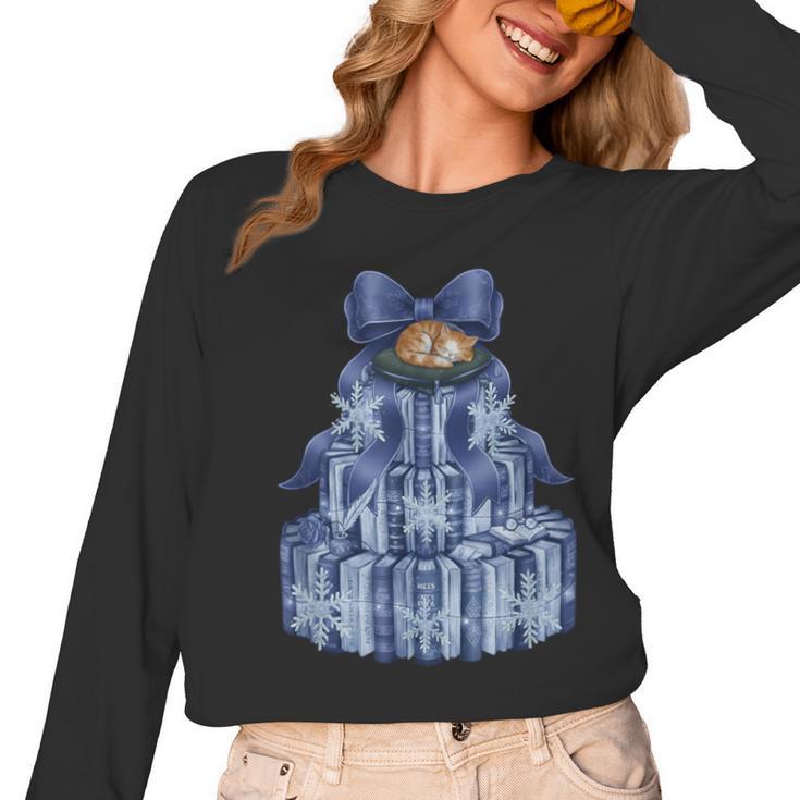 Coquette Bow Book Tree Merry Christmas Xmas Teacher Holiday Women Long Sleeve T-Shirt