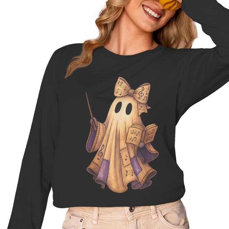 Coquette Music Note Patchwork Ghost Music Teacher Halloween Women Long Sleeve T-Shirt
