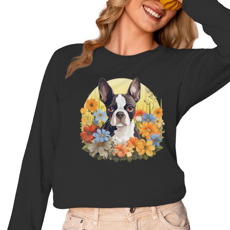 Cute Boston Terrier Spring Flower Garden Colorful Puppy Dog Women Long Sleeve T-Shirt