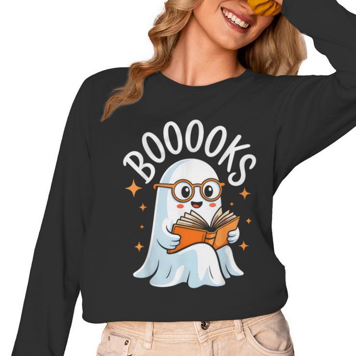 Cute Ghost Reading Book Librarian Teacher Halloween Costume Women Long Sleeve T-Shirt