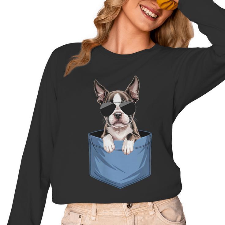 Cute Pocket Boston Terrier Lover Dog Mom Women Long Sleeve T-Shirt