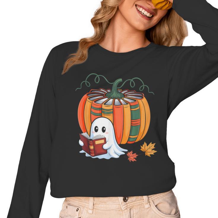Fall Book Pumpkin Ghost Reading Books Halloween Teacher Women Long Sleeve T-Shirt