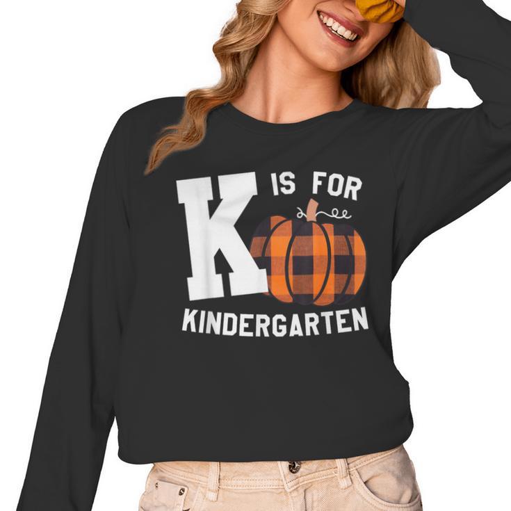 Fall Kindergarten Teacher K Is For Buffalo Plaid Pumpkin Women Long Sleeve T-Shirt, trending gift Fall Kindergarten Teacher K Is For Buffalo Plaid Pumpkin Women Long Sleeve T-Shirt, trending gift