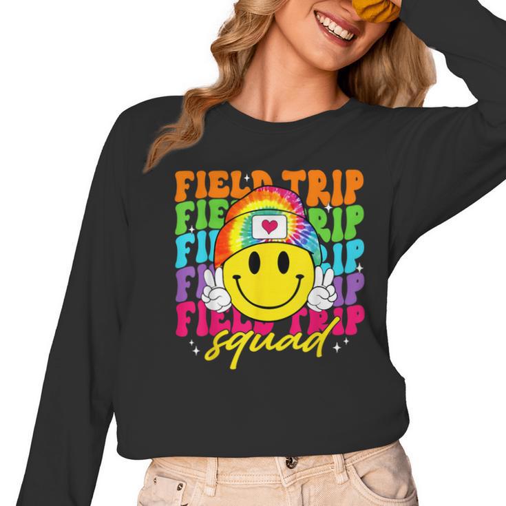 Field Trip Squad Groovy Field Day Smile Face Teacher Tie Dye Women Long Sleeve T-Shirt