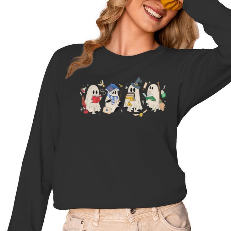 Ghost Book Reading Books Lover Teacher Happy Halloween Women Long Sleeve T-Shirt