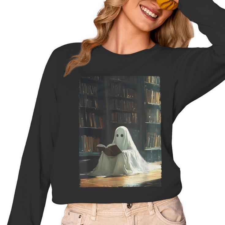 Ghost Library Halloween Book Reading Books Lover Teacher Women Long Sleeve T-Shirt