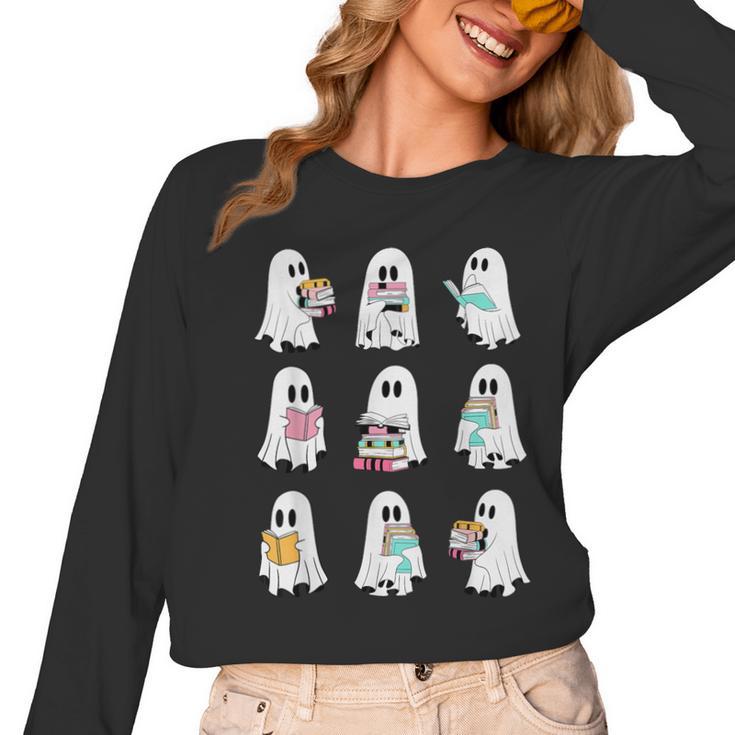 Ghost Reading Books Spooky Librarian Teacher Women Women Long Sleeve T-Shirt