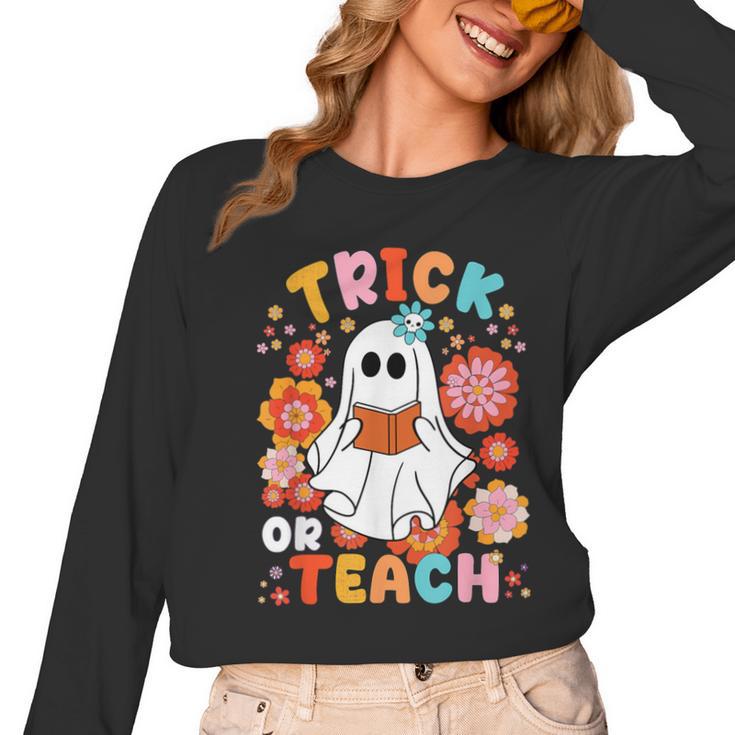 Groovy Halloween Trick Or Teach Retro Floral Ghost Teacher For Men Women Kids Women Long Sleeve T-Shirt