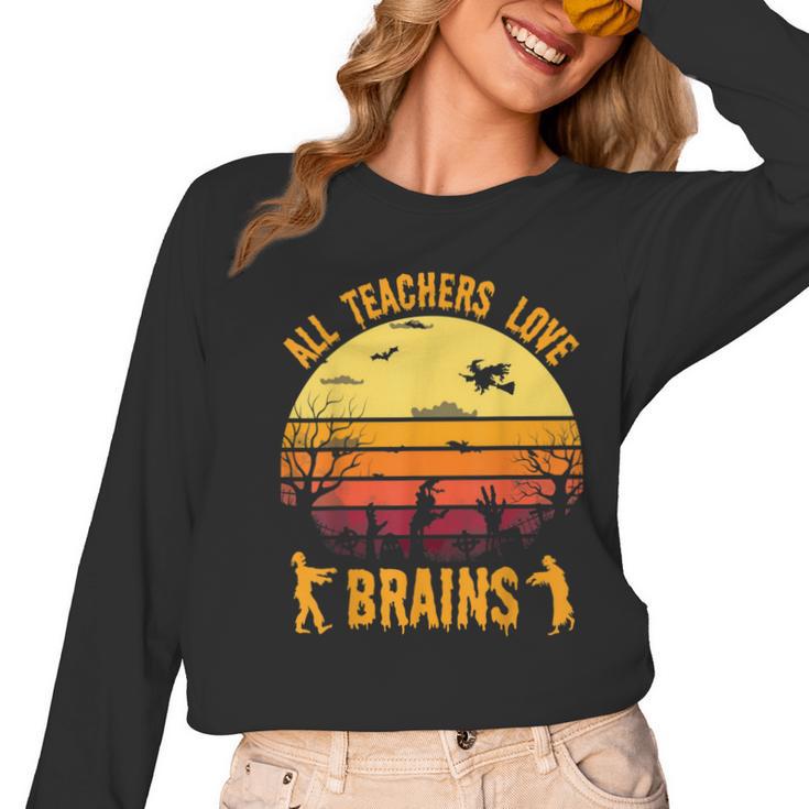 Halloween Costume Teacher Love Brains Zombie Women Long Sleeve T-Shirt