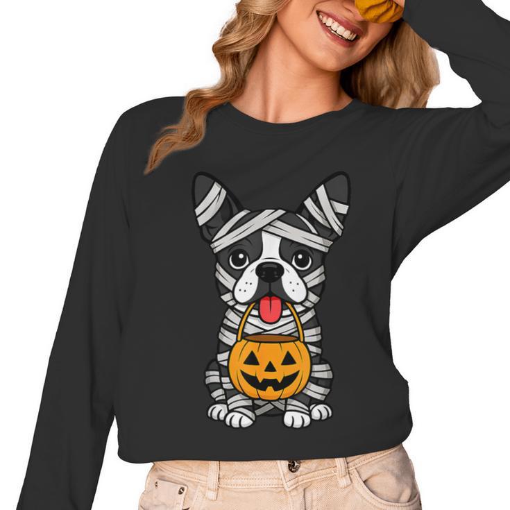 Halloween Dog Boston Terrier Mummy Costume Men Women Kids Women Long Sleeve T-Shirt