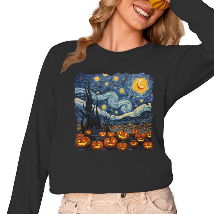 Halloween Pumpkin Starry Night Van Gogh Art Teacher Women Long Sleeve T-Shirt