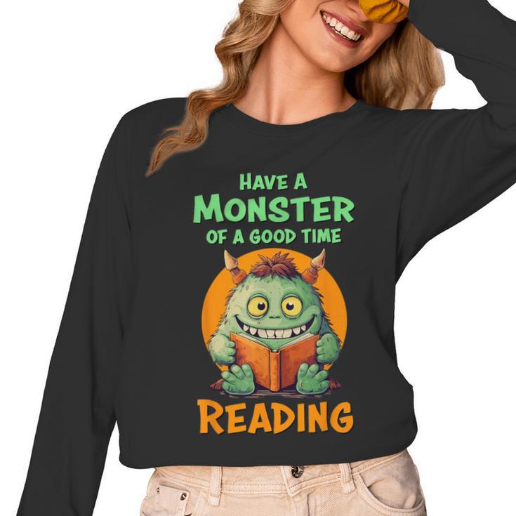 Halloween Teacher Librarian Monster Reading Books Men Women Kids Women Long Sleeve T-Shirt