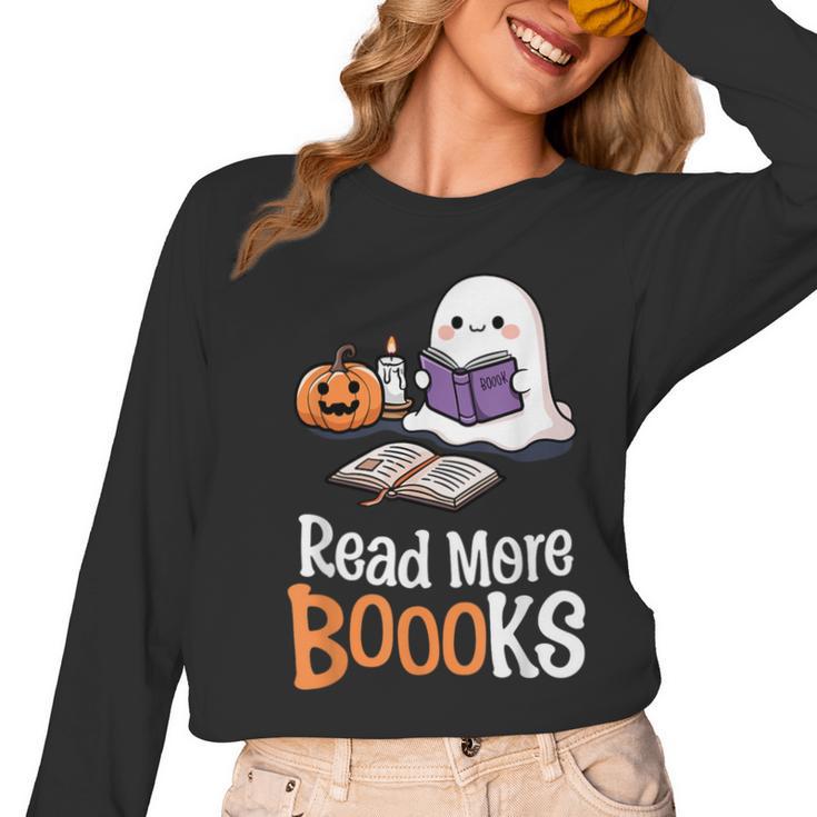 Halloween Teacher Women Cute Reading Ghost Read More Books Women Long Sleeve T-Shirt