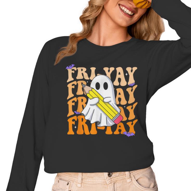 Happy Fri-Yay Friday Lovers Groovy Teacher Life Halloween Women Long Sleeve T-Shirt