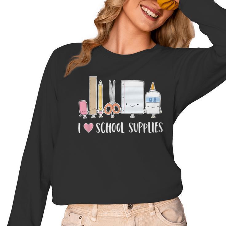 I Love School Supplies Teacher Shirt Women Long Sleeve T-Shirt