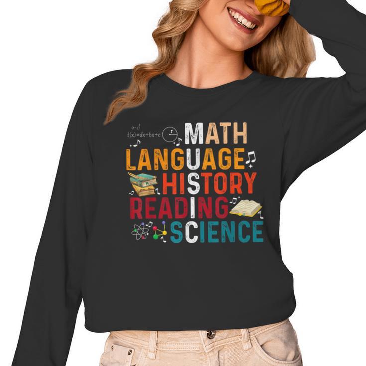 Math Language History Reading Science Music Teacher Women Long Sleeve T-Shirt