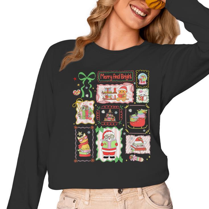 Merry And Bright Christmas Gingerbread Santa Book Teacher Women Long Sleeve T-Shirt