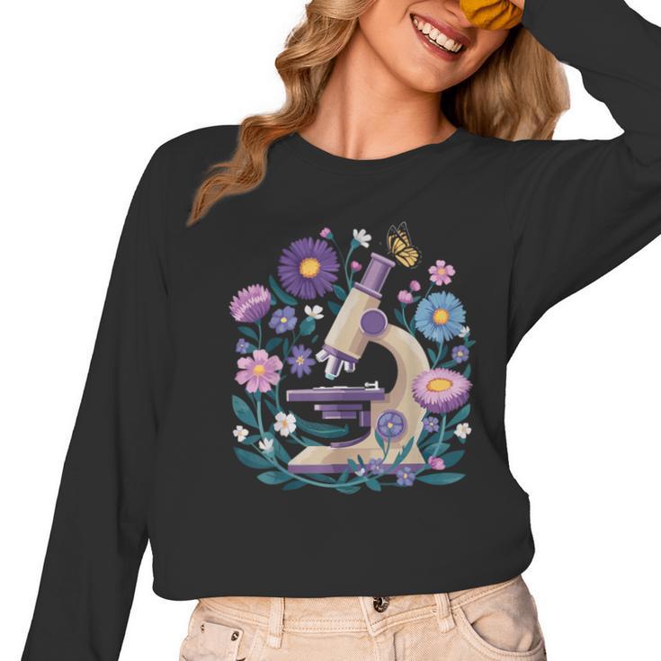 Microscope Flower Butterfly Biology Science Teacher Student Women Long Sleeve T-Shirt