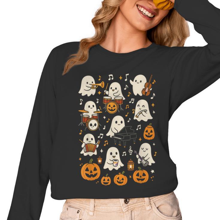 Music Teacher Orchestra Shirt Spooky Halloween Ghost Band Women Long Sleeve T-Shirt