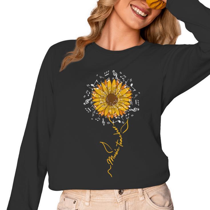 Music Teacher Shirt Sunflower Music Notes Musician Singer Women Long Sleeve T-Shirt