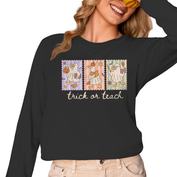 Preppy Goose Teacher Trick Or Teach Halloween Teacher Goose Women Long Sleeve T-Shirt