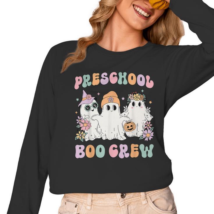Preschool Boo Crew Groovy Halloween Floral Ghost Teacher Men Women Kids Women Long Sleeve T-Shirt