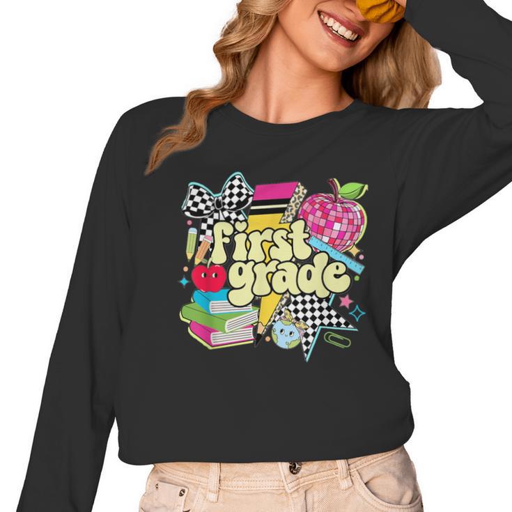 Retro First Grade Teacher Disco Ball Coquette Back To School Women Long Sleeve T-Shirt