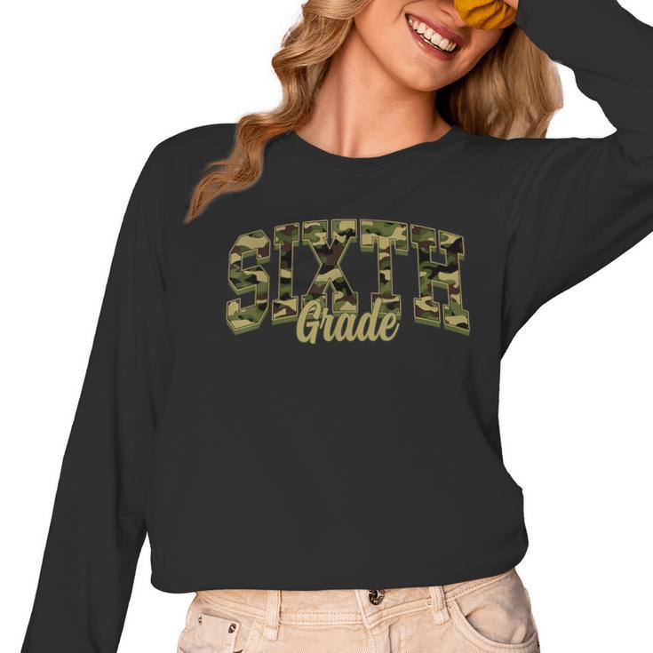 Sixth Grade Teacher Student Camouflage Back To School Women Long Sleeve T-Shirt