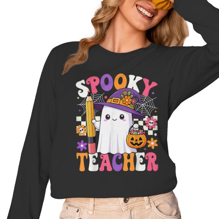 Spooky Teacher Ghost Pencil Teach Halloween Teacher Women Long Sleeve T-Shirt