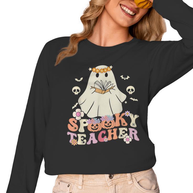 Spooky Teacher Groovy Retro Ghost Teacher Halloween 2023 For Men Women Kids Women Long Sleeve T-Shirt