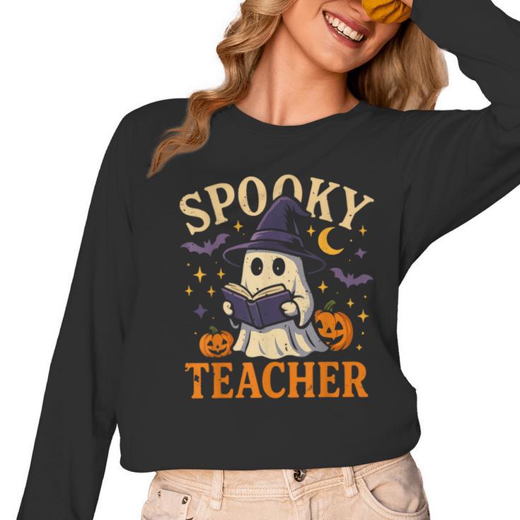 Spooky Teacher Halloween Cute Ghost Pumpkin Reading Women Women Long Sleeve T-Shirt