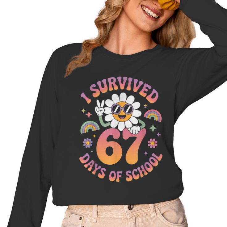 I Survived 67 Days Of School Groovy Retro Teachers Girls Women Long Sleeve T-Shirt