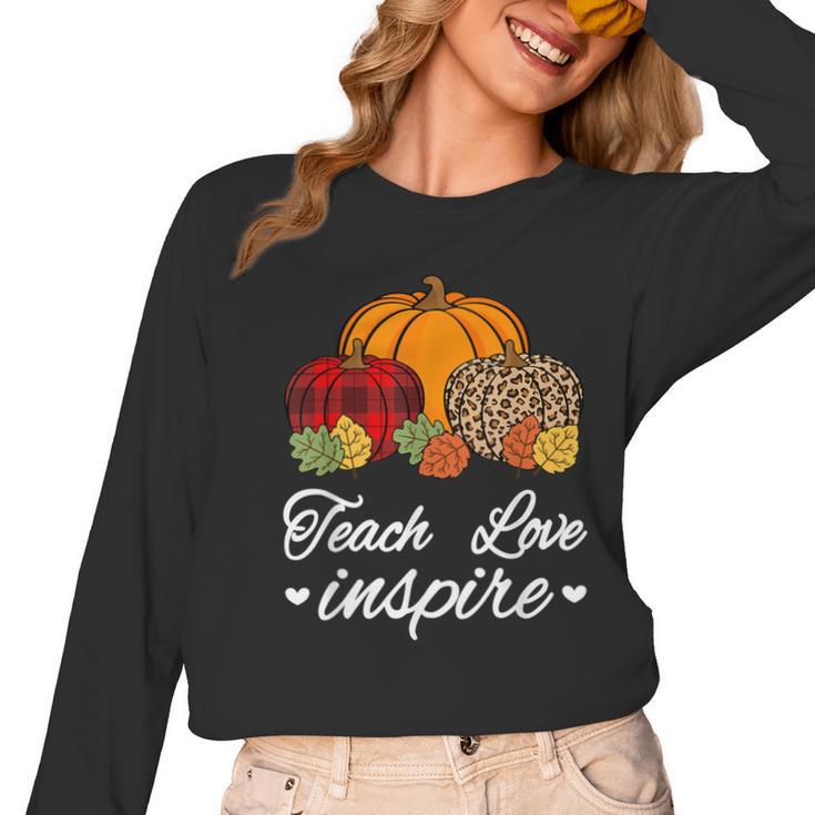 Teach Love Inspire Autumn Fall Plaid Leopard Pumpkin Teacher For Men Women Kids Women Long Sleeve T-Shirt