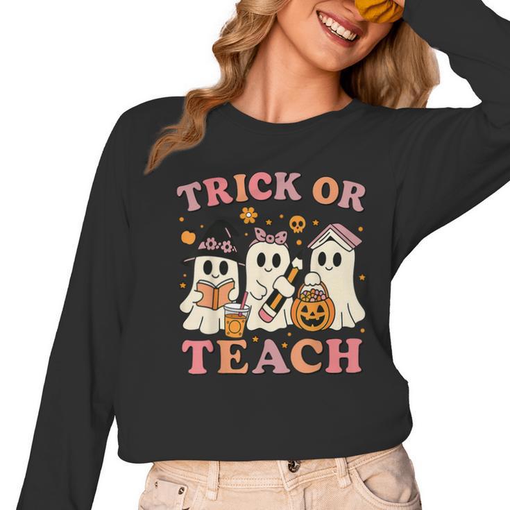 Teacher Halloween Trick Or Teach Cute Ghost Coffee Pumpkins Women Long Sleeve T-Shirt