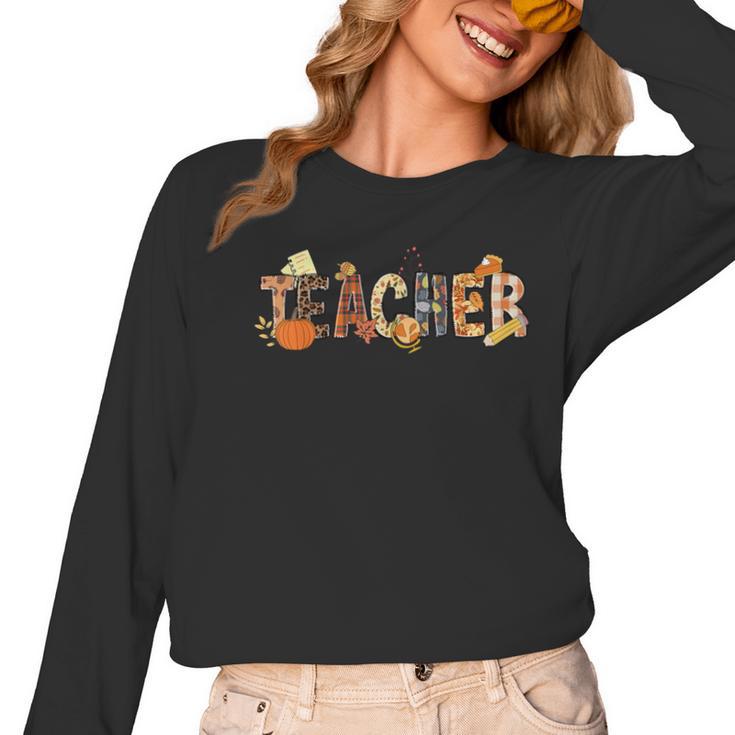 Teacher Thanksgiving Women Autumn Fall Halloween Pumpkin Tee Women Long Sleeve T-Shirt