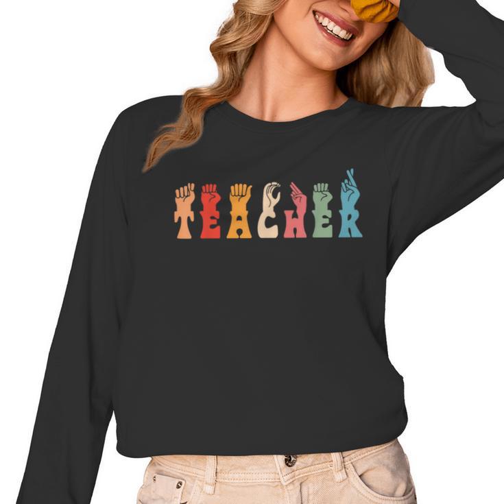 Teacher Word In Sign Language Awareness ASL Back To School Women Long Sleeve T-Shirt