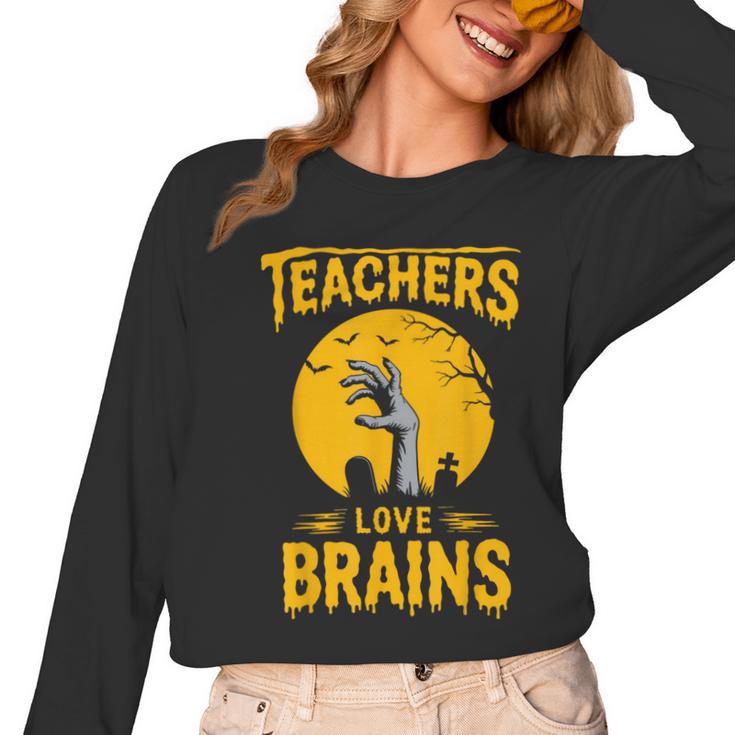 Teachers Love Brains Shirt Men Women Halloween Teacher Women Long Sleeve T-Shirt