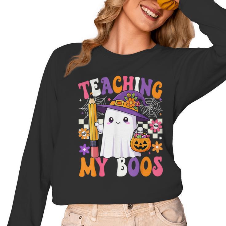 Teaching My Boos Ghost Teacher Cute Pencil Halloween Teacher Women Long Sleeve T-Shirt