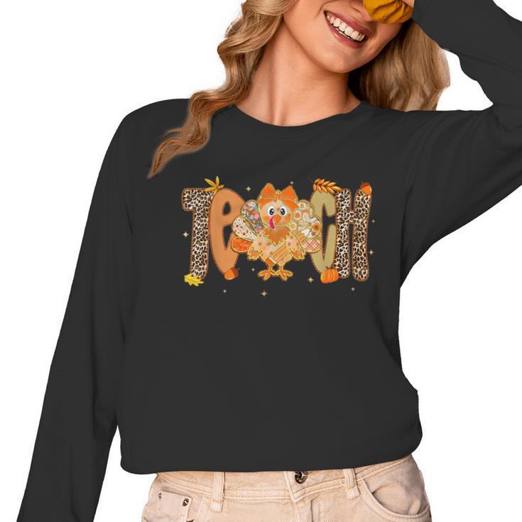 Thanksgiving Turkey Teach Thankful Teacher Girly Bow Women Women Long Sleeve T-Shirt