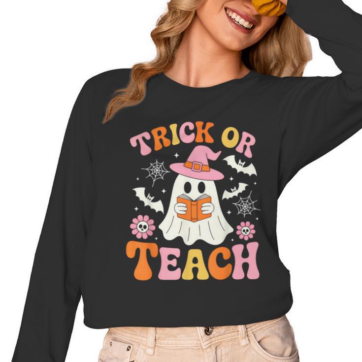 Trick Or Teach Cute Floral Ghost Teacher Halloween Costume Women Long Sleeve T-Shirt