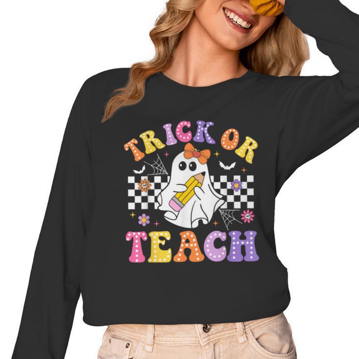 Trick Or Teach Groovy Halloween Teachers Women Long Sleeve T-Shirt