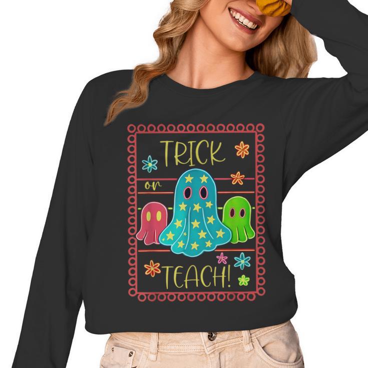 Trick Or Teach Neon Ghost Flower Teacher Spooky Halloween Women Long Sleeve T-Shirt