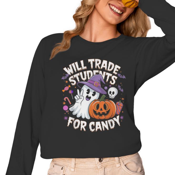 Will Trade Students For Candy Halloween Teacher Women Long Sleeve T-Shirt, trending gift Will Trade Students For Candy Halloween Teacher Women Long Sleeve T-Shirt, trending gift