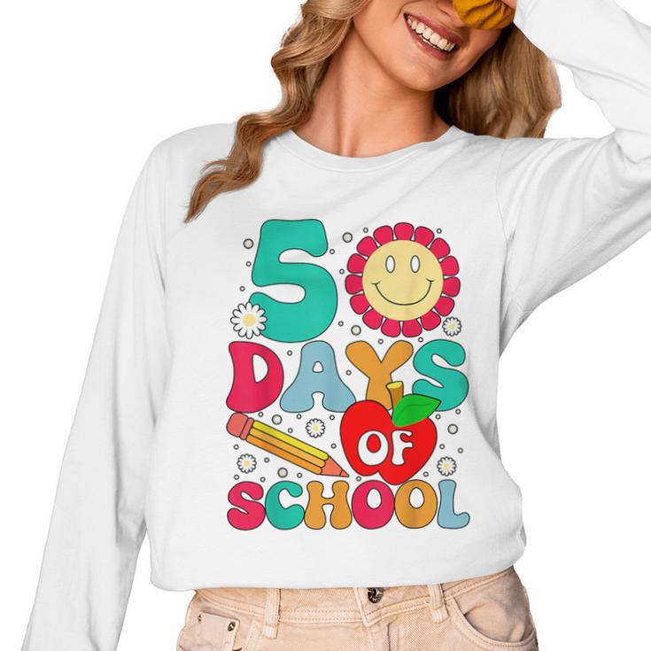 50 Days Of School Teacher Happy 50th Day Of School Kids Women Long Sleeve T-Shirt