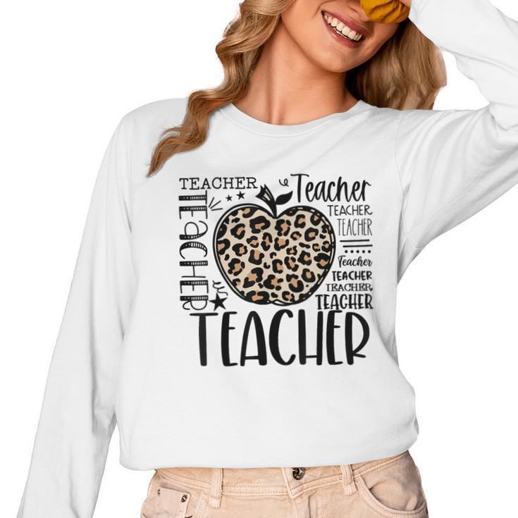 Back To School Teacher Life Apple Leopard Teacher Women Women Long Sleeve T-Shirt