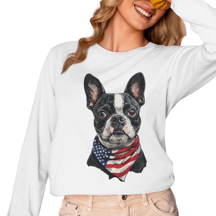 Boston Terrier American Flag Women Long Sleeve T-Shirt