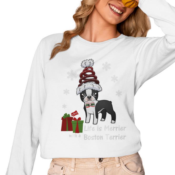 Boston Terrier Christmas T Shirt-Life Is Merrier Premium Tri-Blend Women Long Sleeve T-Shirt