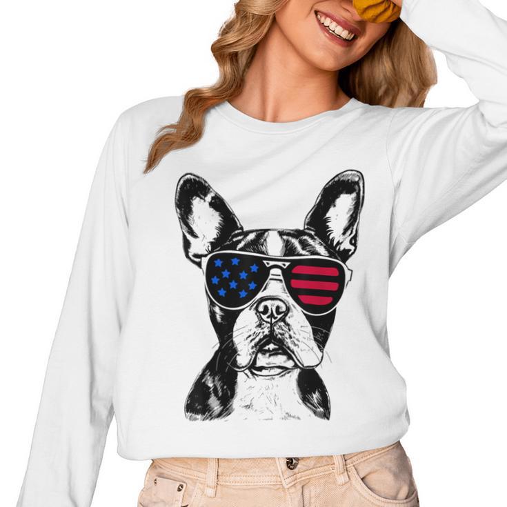 Boston Terrier Dog 4th July America USA Flag Men Women Kids Women Long Sleeve T-Shirt