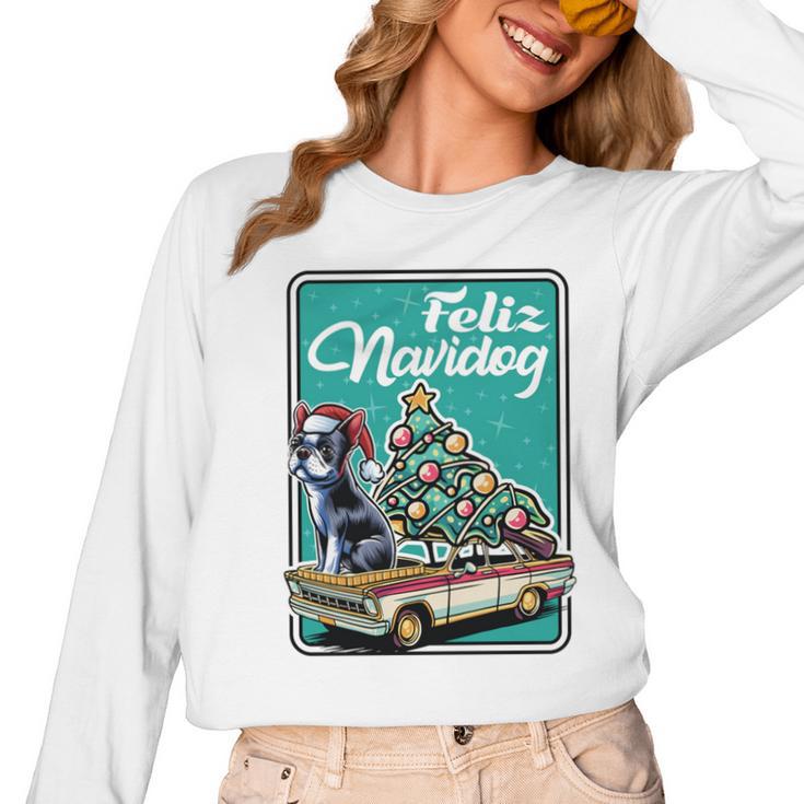 Boston Terrier Merry Christmas Tree Truck Dog X-Mas Women Long Sleeve T-Shirt