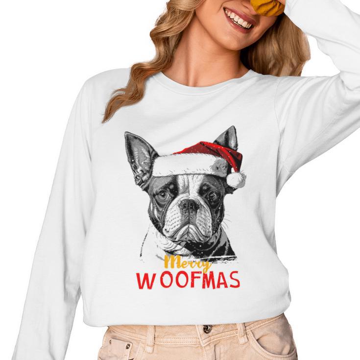 Boston Terrier Santa Claus Hat Merry Christmas Dog X-Mas Women Long Sleeve T-Shirt